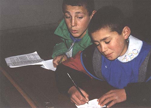 Two boys writing their stories